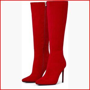 Women's Knee High Boots 4 Inch Heel Pointed Toe Leather Suede Zipper